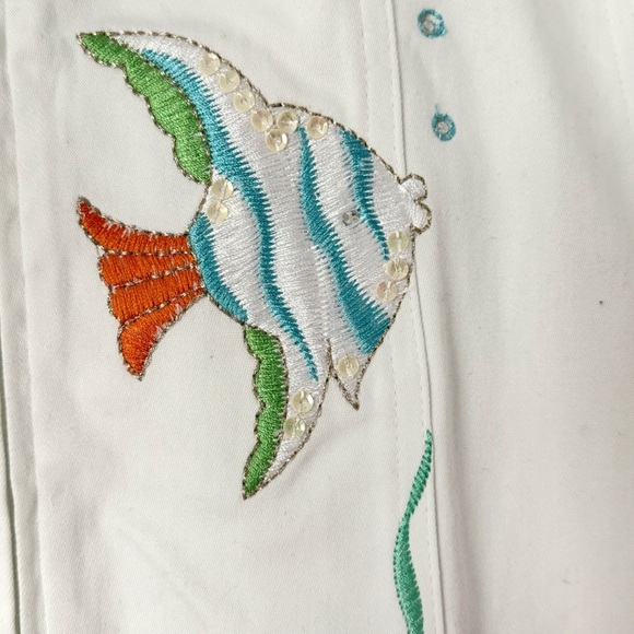 Quacker Factory Embroidered Jacket 1X White Fish Sea Life Tropical Beach Sequins - Picture 7 of 16